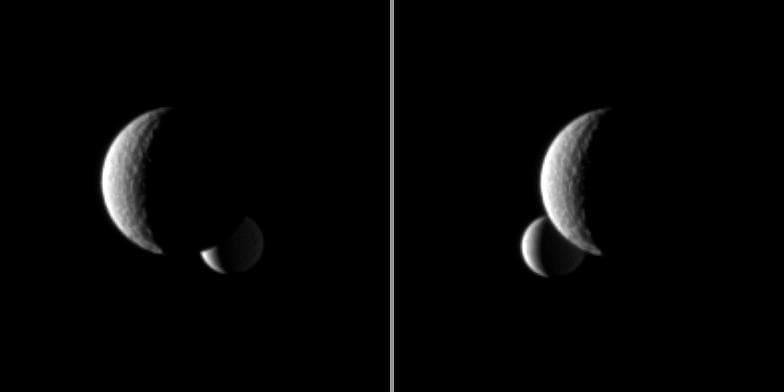 NASA image: Enceladus Behind Tethys