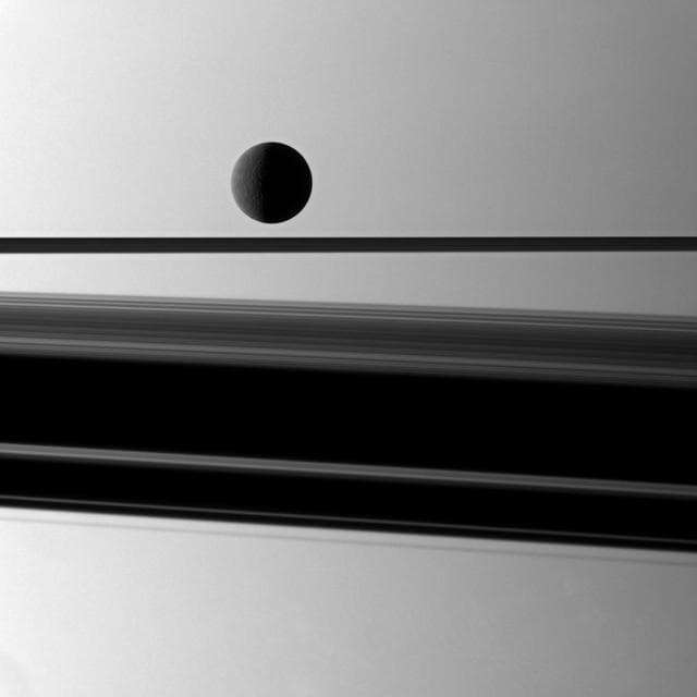 NASA image: Rhea, Rings and Shadow