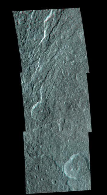 NASA image: Rhea Fractured Terrain in 3-D