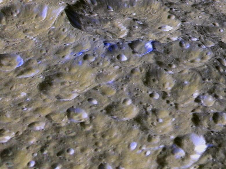 NASA image: Rhea Blue Streaks Looking South