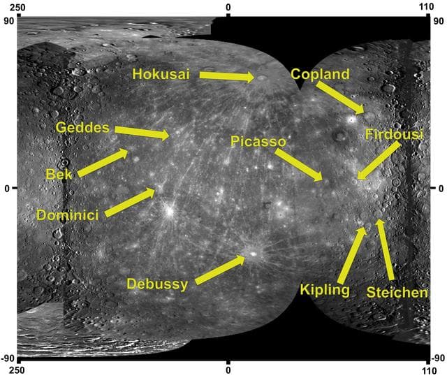 NASA image: Ten Newly Named Impact Craters on Mercury