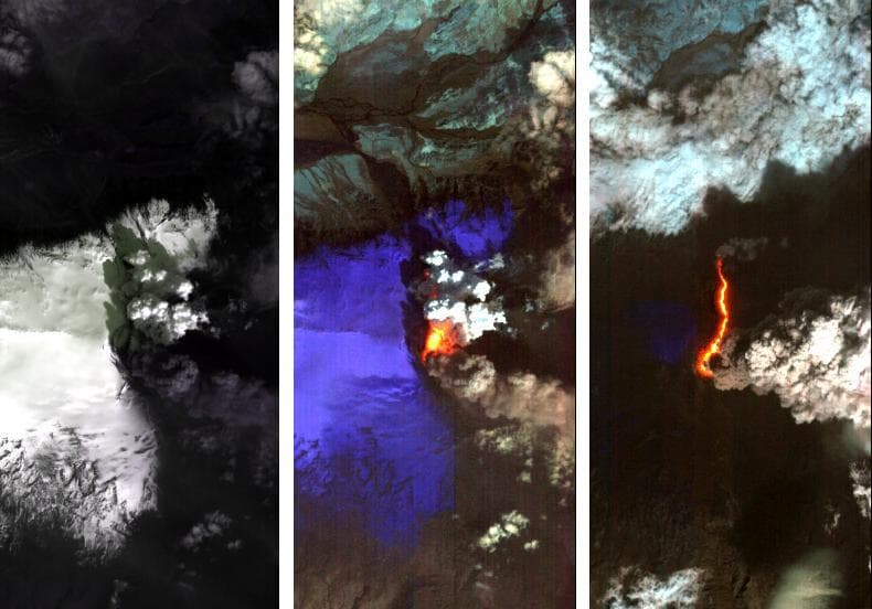 NASA image: Iceland Volcano Puffs Ash as Lava Flow Cuts Through Eyjafjallajökull Icecap