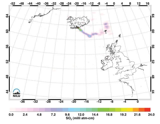 NASA image: Sulfur Dioxide in Iceland Eyjafjallajökull Volcanic Cloud as seen by AIRS
