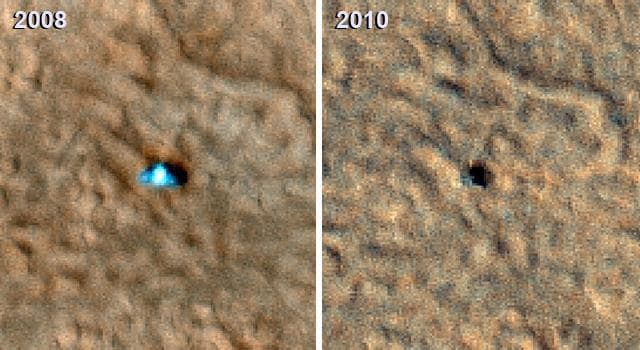 NASA image: Image from Mars Orbit Indicates Solar Panels on Phoenix Lander may have Collapsed
