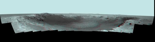 NASA image: Stereo Panorama of Santa Maria Crater for Opportunity Anniversary