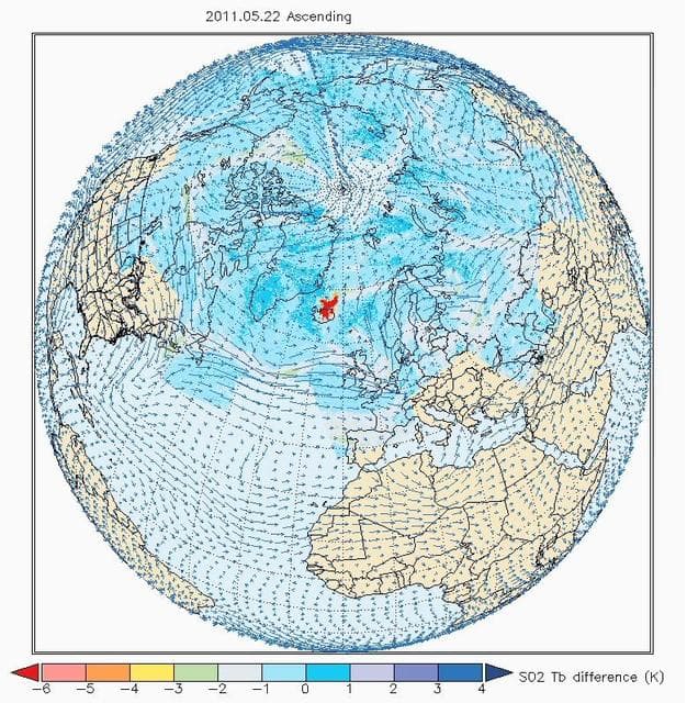 NASA image: NASA AIRS Sees Sulfur Dioxide Plume from Iceland Gr&iacute;msv&ouml;tn Volcano