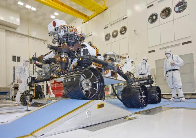 NASA image: Mars Rover Curiosity with Wheel on Ramp