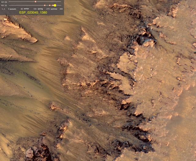NASA image: Warm-Season Flows on Slope in Newton Crater Six-Image Sequence