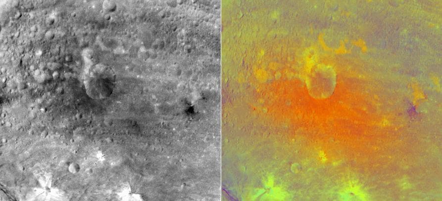 NASA image: False-Color Image of an Impact Crater on Vesta