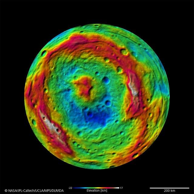 NASA image: A False-Color Topography of Vesta South Pole