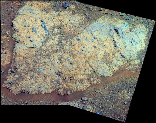 NASA image: Chester Lake Bedrock on Rim of Endeavour Crater False Color