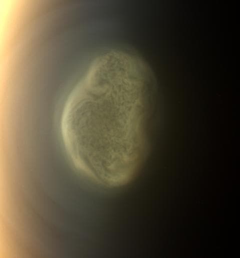 NASA image: Titan Colorful South Polar Vortex