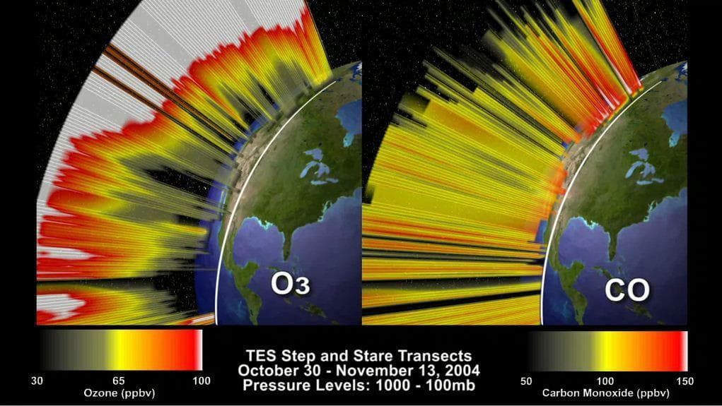 NASA image: O3 and CO Transects over North America