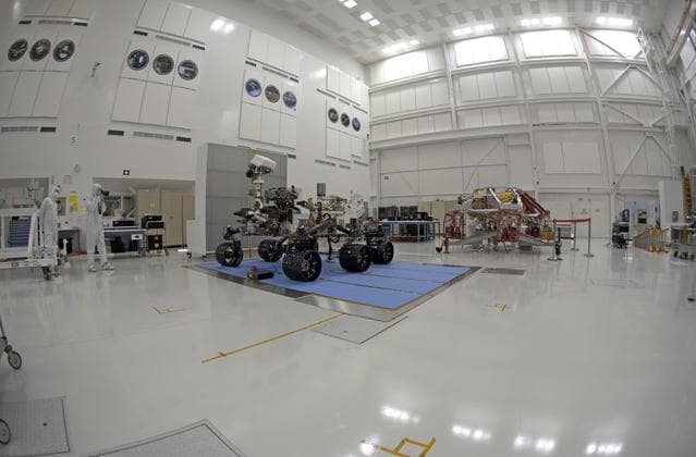 NASA image: Stereo Left Fish-eye View of NASA Curiosity Rover and its Powered Descent Vehicle