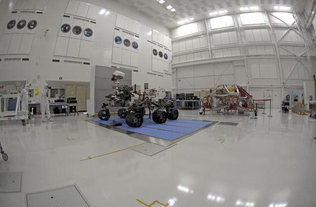 NASA image: Stereo Right Fish-eye View of NASA Curiosity Rover and its Powered Descent Vehicle