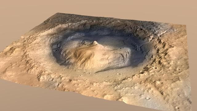 NASA image: Oblique View of Gale Crater, Mars, with Vertical Exaggeration