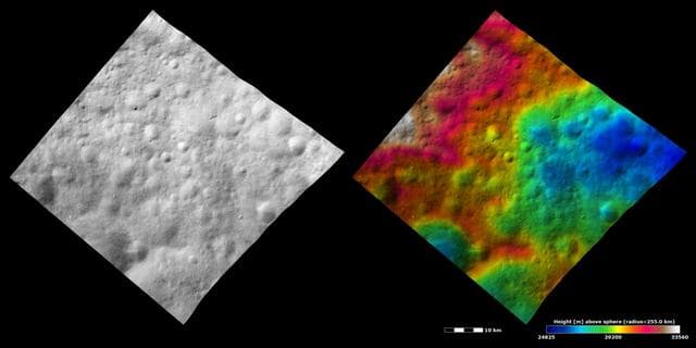 NASA image: Topography and Albedo Image of Ancient Terrain with Ruined Crater