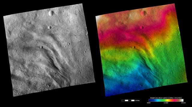 NASA image: Topography and Albedo Image of Grooved Terrain on Vesta