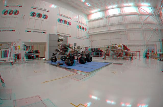 NASA image: 3-D Anaglyph Fish-eye View of NASA Curiosity Rover and its Rocket-Powered Descent Vehicle