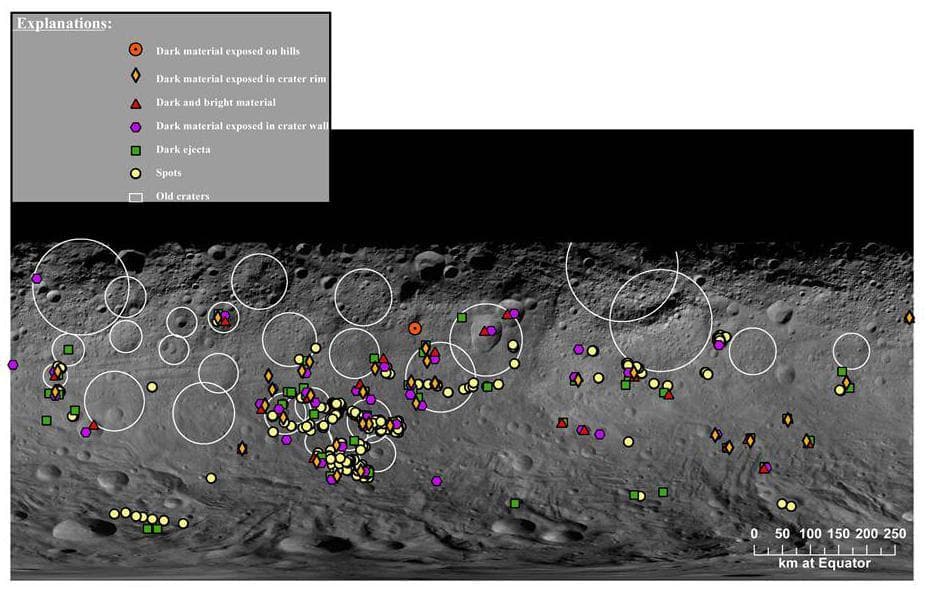 NASA image: Map of Dark Materials on Vesta