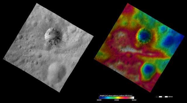 NASA image: Apparent Brightness and Topography Images of Cornelia Crater