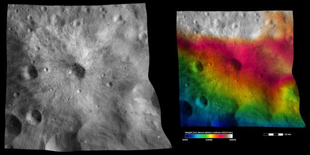 NASA image: Apparent Brightness and Topography Images of Vibidia Crater