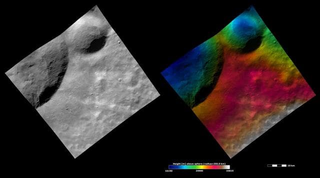 NASA image: Apparent Brightness and Topography Images of Calpurnia and Minucia