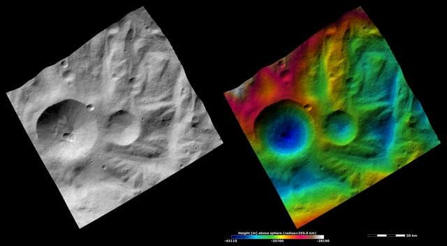 NASA image: Apparent Brightness and Topography Images of Severina Crater