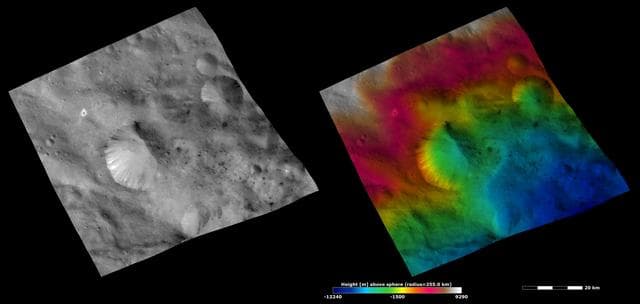 NASA image: Apparent Brightness and Topography Images of Helena Crater