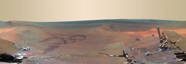 NASA image: Greeley Panorama from Opportunity Fifth Martian Winter False Color