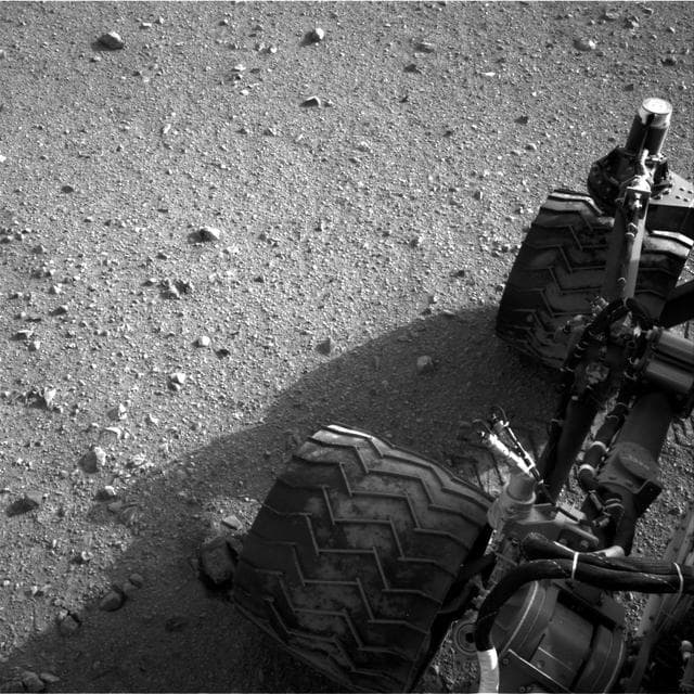 NASA image: Martian Soil on Curiosity Wheels After Sol 22 Drive