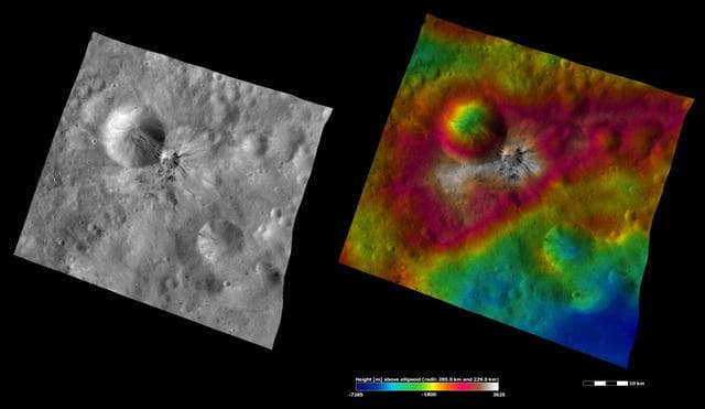 NASA image: Apparent Brightness and Topography Images of Aelia Crater