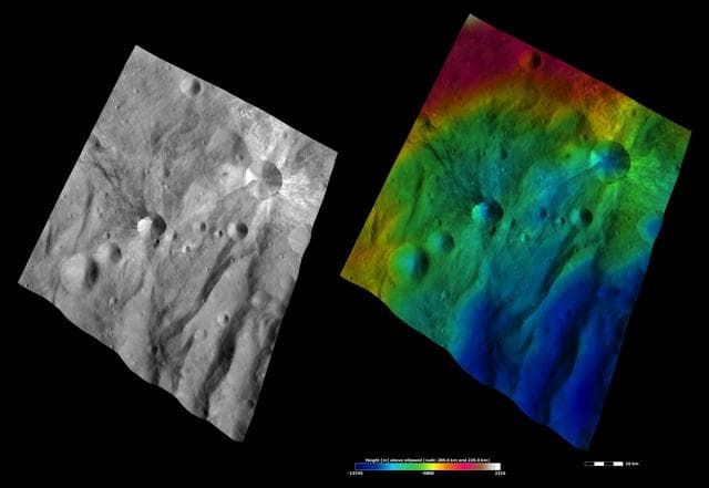 NASA image: Apparent Brightness and Topography Images of Canuleia and Sossia Craters