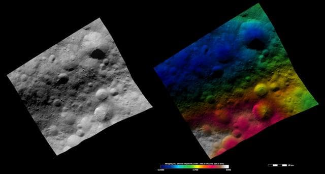 NASA image: Apparent Brightness and Topography Images of Fabia Crater