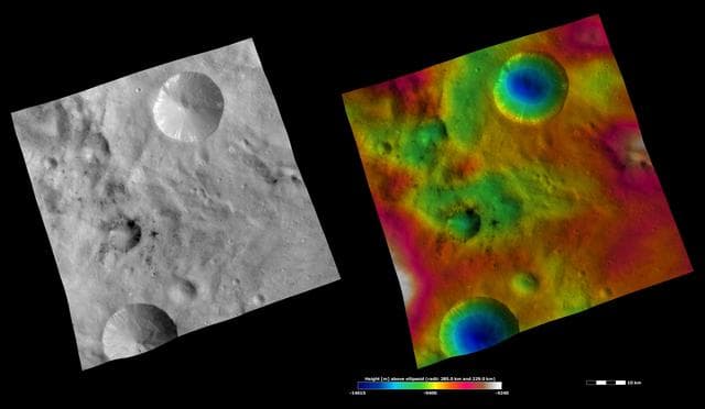 NASA image: Apparent Brightness and Topography Images of Laelia and Sextilia Craters