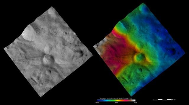 NASA image: Apparent Brightness and Topography Images of Helena and Laelia Craters