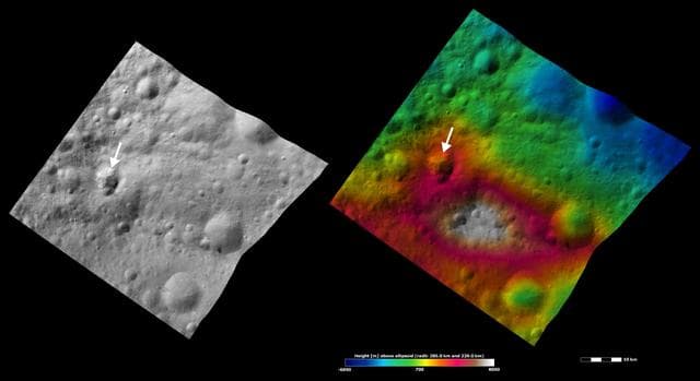 NASA image: Apparent Brightness and Topography Images of Teia Crater