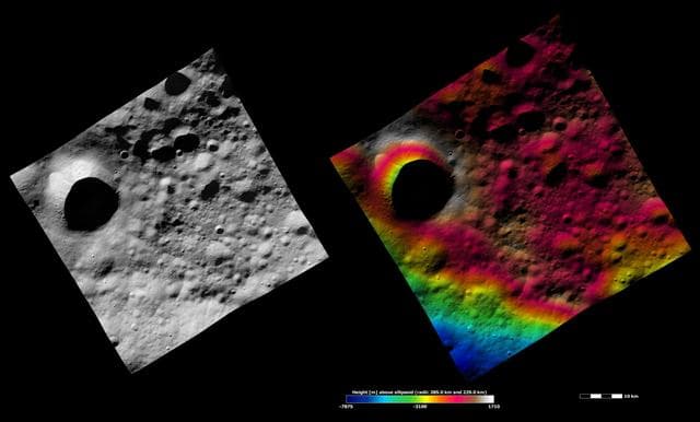 NASA image: Apparent Brightness and Topography Images of Scantia Crater