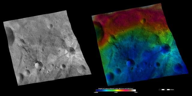 NASA image: Apparent Brightness and Topography Images of Sossia and Canuleia Craters