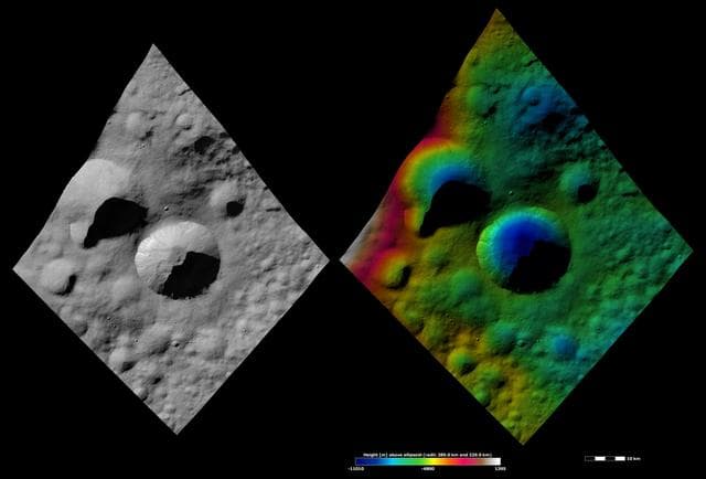NASA image: Apparent Brightness and Topography Images of Licinia Crater