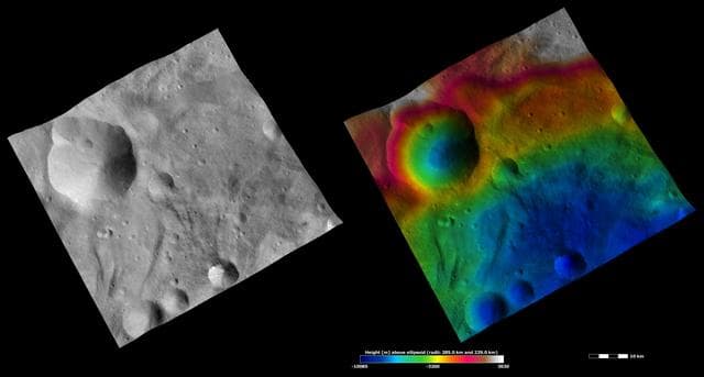 NASA image: Apparent Brightness and Topography Images of Urbinia and Sossia Craters