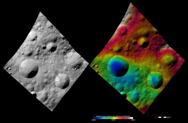 NASA image: Apparent Brightness and Topography Images of Publicia Crater