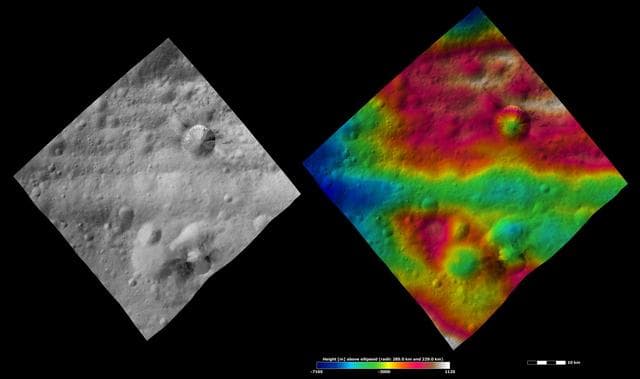 NASA image: Divalia Fossa and Rubria and Occia Craters, Apparent Brightness and Topography Images