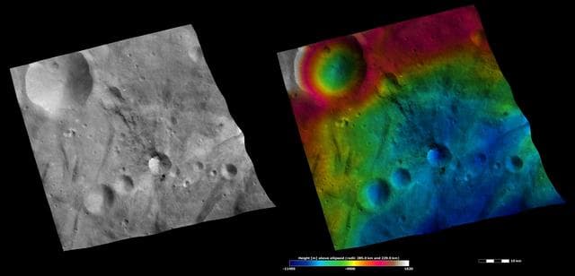 NASA image: Sossia Crater, Apparent Brightness and Topography Images