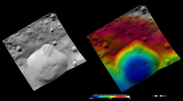 NASA image: Lepida Crater, Apparent Brightness and Topography Images