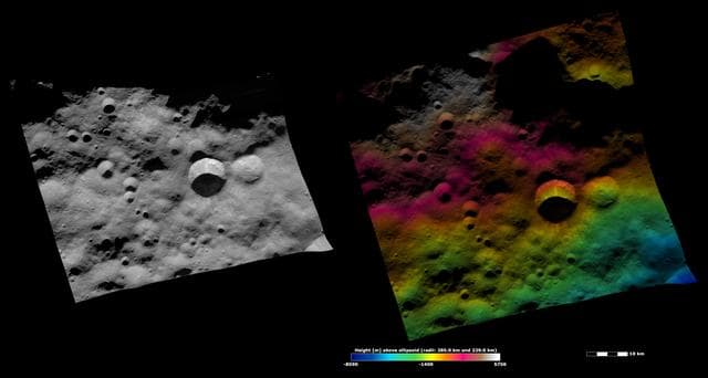 NASA image: Arruntia Crater, Apparent Brightness and Topography Image