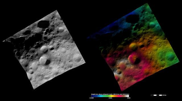 NASA image: Fabia Crater, Apparent Brightness and Topography Images