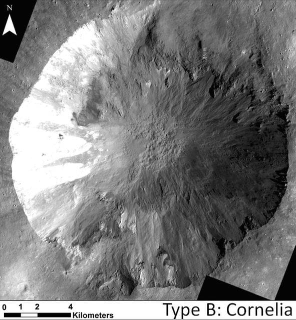 NASA image: Sinuous Gullies in Cornelia Crater