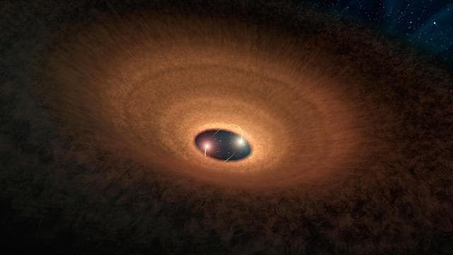 NASA image: Dusty Hula Hoop Rings Blinking Stellar Duo Illustration