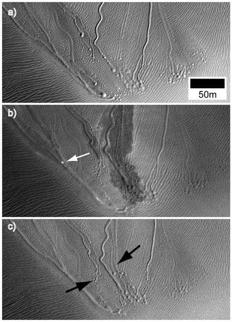 NASA image: Some Gullies on Mars Could Be Tracks of Sliding Dry Ice